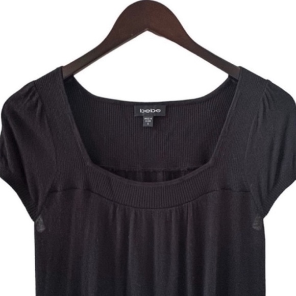 BeBe Black Square Neck Short Sleeve Knit Sweater Size Small - Picture 3 of 6